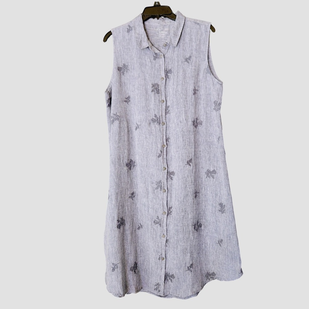 Karyn Seo Women's XL 100% Linen Shirt Dress Sleeveless Embroidered Roses Floral